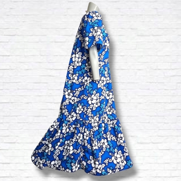 Vintage ChinLan Blue Hawaiian Floral Print MuuMuu Maxi Dress Size M - Picture 6 of 13